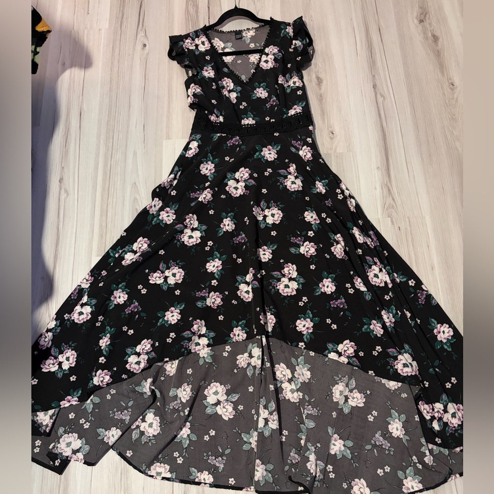 Floral Black and Mauve High Low Maxi Dress